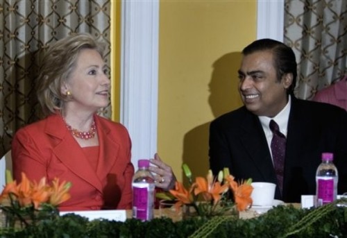 Secy Clinton and Mukesh Ambani (business leader)(AP Photo/Manish Swarup)
